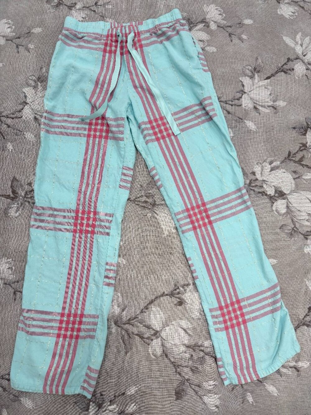 Victoria’s Secret XS Aqua Pink Plaid Pajama Pants Metallic Gold Lounge
